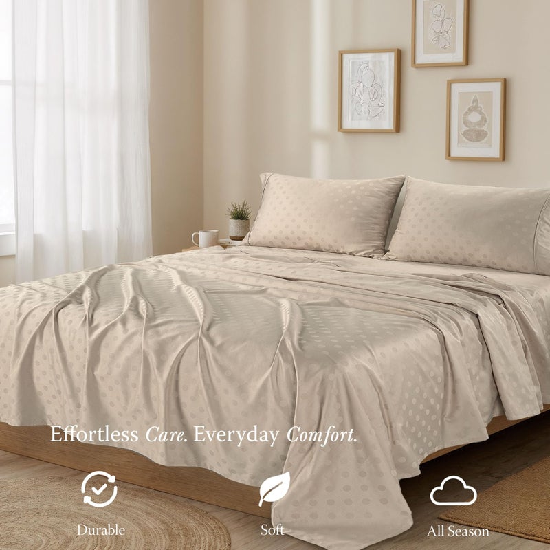 Threadmill Cotton Queen Sheet Set | 100% Cotton Sheets for Queen Size Bed | Damask Jacquard Queen Bed Sheets Set with 16â€ Deep Pocket | Soft Sateen Weave 4-Piece Cooling Bedding Set | Beige - Image 5